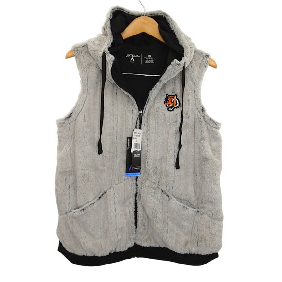 NWT NFL Bengals Faux Fur Vest XL Women’s Antigua Hooded Zip Team Apparel - Picture 6 of 14